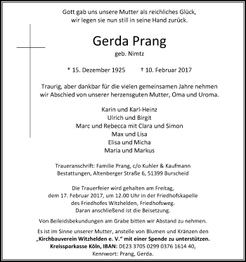Anzeige von Gerda Prang von Kölner Stadt-Anzeiger / Kölnische Rundschau / Express