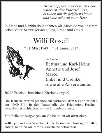 Anzeige von Willi Rosell von  Sonntags-Post 