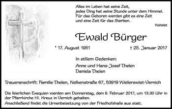 Anzeige von Ewald Bürger von Kölner Stadt-Anzeiger / Kölnische Rundschau / Express
