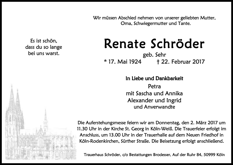  Traueranzeige für Renate Schröder vom 25.02.2017 aus Kölner Stadt-Anzeiger / Kölnische Rundschau / Express