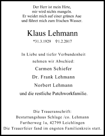 Anzeige von Klaus Lehmann von Kölner Stadt-Anzeiger / Kölnische Rundschau / Express