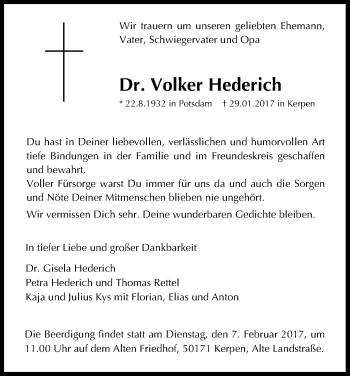 Anzeige von Volker Hederich von Kölner Stadt-Anzeiger / Kölnische Rundschau / Express