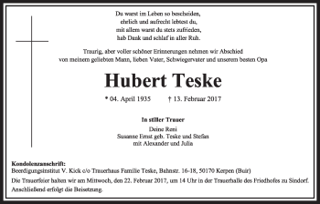 Anzeige von Hubert Teske von  Sonntags-Post 