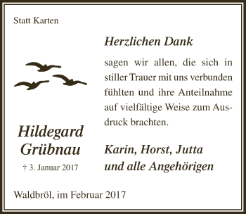 Anzeige von Hildegard Grübnau von  Lokalanzeiger 
