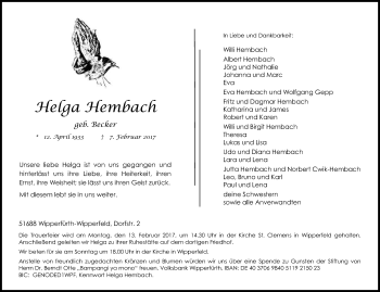 Anzeige von Helga Hembach von Kölner Stadt-Anzeiger / Kölnische Rundschau / Express