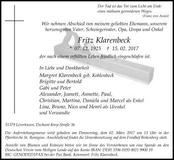 Anzeige von Fritz Klarenbeck von Kölner Stadt-Anzeiger / Kölnische Rundschau / Express