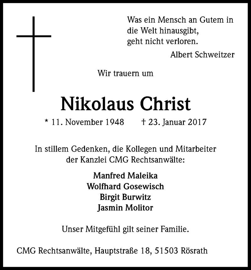  Traueranzeige für Nikolaus Christ vom 11.02.2017 aus Kölner Stadt-Anzeiger / Kölnische Rundschau / Express