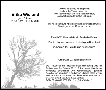 Anzeige von Erika Wieland von Kölner Stadt-Anzeiger / Kölnische Rundschau / Express