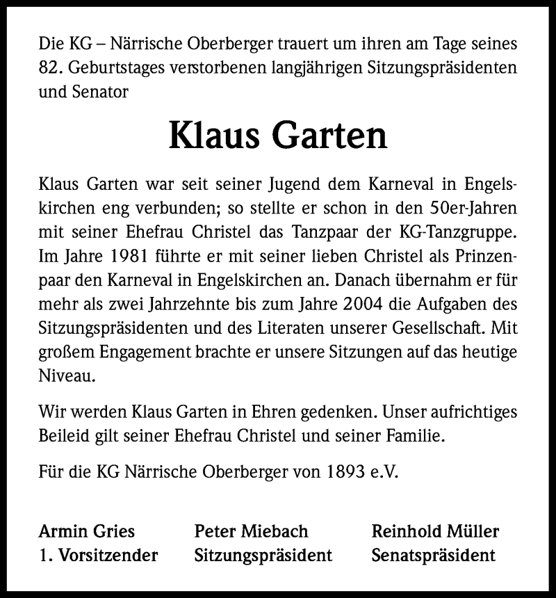  Traueranzeige für Klaus Garten vom 11.02.2017 aus Kölner Stadt-Anzeiger / Kölnische Rundschau / Express