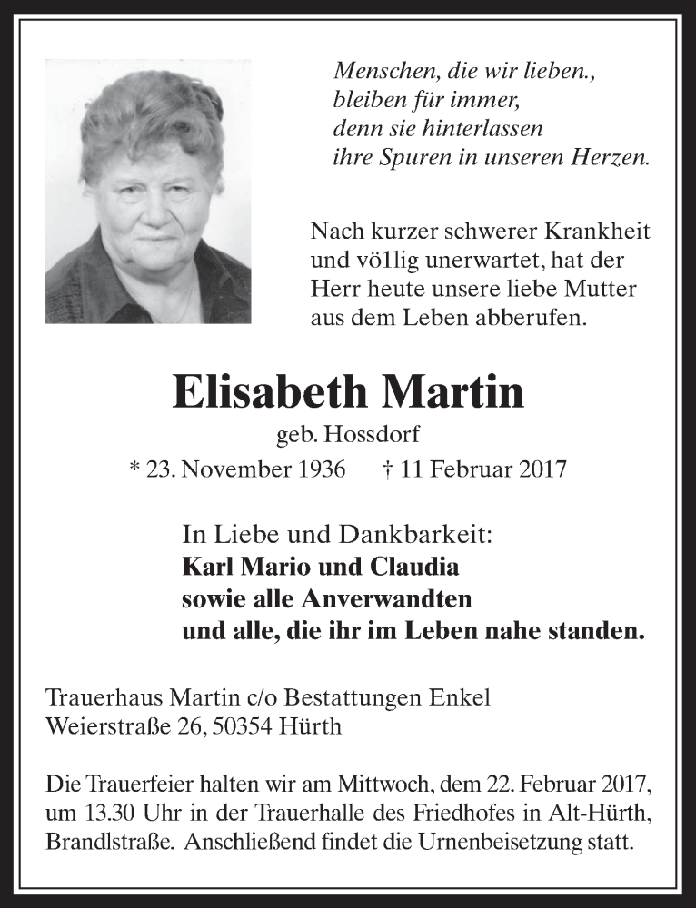  Traueranzeige für Elisabeth Martin vom 15.02.2017 aus  Wochenende 