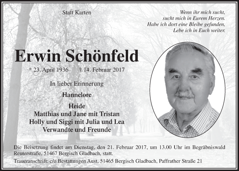  Traueranzeige für Erwin Schönfeld vom 18.02.2017 aus  Bergisches Sonntagsblatt 