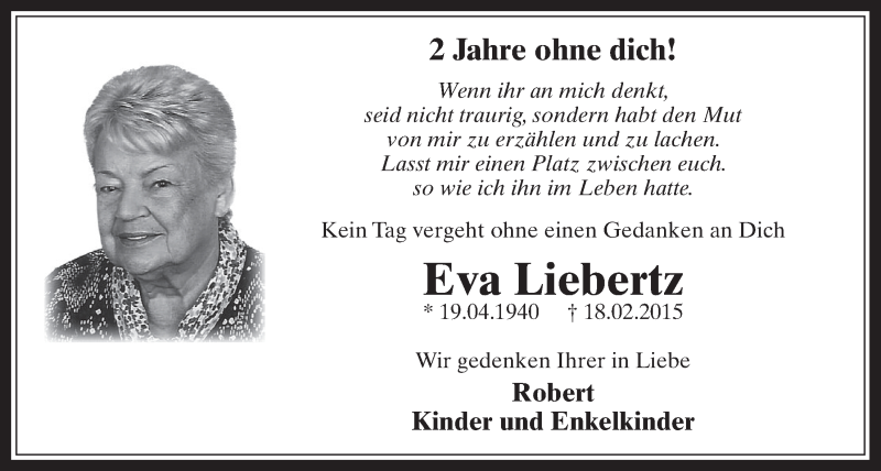  Traueranzeige für Eva Liebertz vom 15.02.2017 aus  Wochenende 