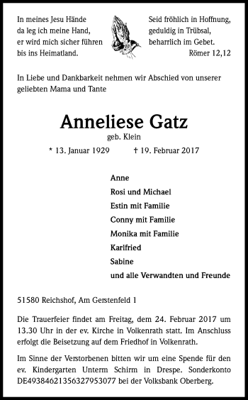Anzeige von Anneliese Gatz von Kölner Stadt-Anzeiger / Kölnische Rundschau / Express