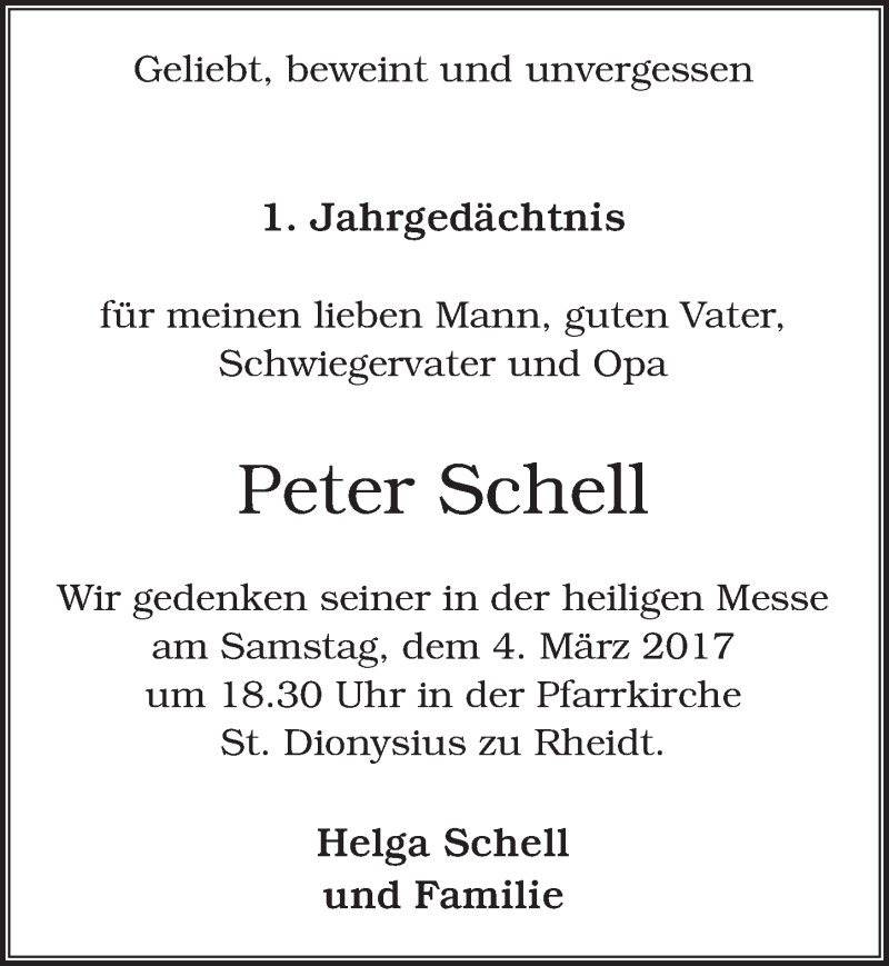  Traueranzeige für Peter Schell vom 01.03.2017 aus  Extra Blatt 