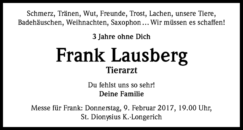  Traueranzeige für Frank Lausberg vom 08.02.2017 aus Kölner Stadt-Anzeiger / Kölnische Rundschau / Express
