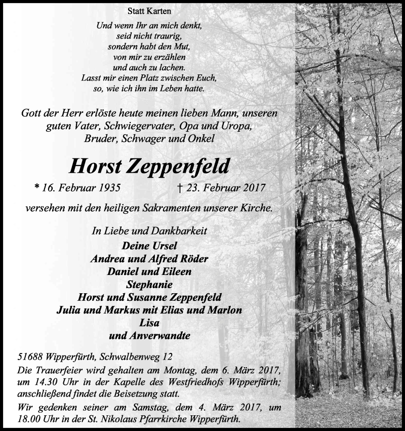  Traueranzeige für Horst Zeppenfeld vom 28.02.2017 aus Kölner Stadt-Anzeiger / Kölnische Rundschau / Express