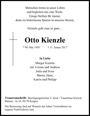 Anzeige von Otto Kienzle von Kölner Stadt-Anzeiger / Kölnische Rundschau / Express