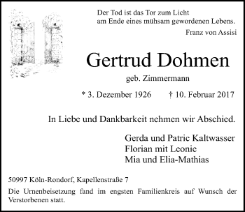 Anzeige von Gertrud Dohmen von  Kölner Wochenspiegel 
