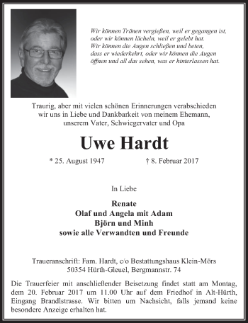 Anzeige von Uwe Hardt von  Wochenende 