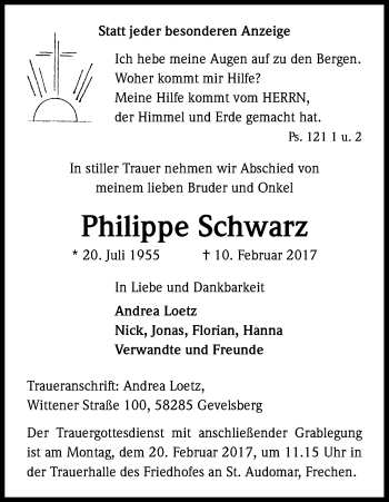 Anzeige von Philippe Schwarz von Kölner Stadt-Anzeiger / Kölnische Rundschau / Express