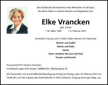 Anzeige von Elke Vrancken von Kölner Stadt-Anzeiger / Kölnische Rundschau / Express