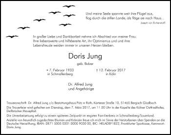 Anzeige von Doris Jung von Kölner Stadt-Anzeiger / Kölnische Rundschau / Express