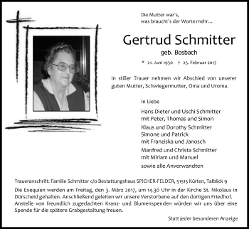 Anzeige von Gertrud Schmitter von Kölner Stadt-Anzeiger / Kölnische Rundschau / Express