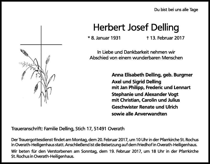  Traueranzeige für Herbert Josef Delling vom 16.02.2017 aus Kölner Stadt-Anzeiger / Kölnische Rundschau / Express