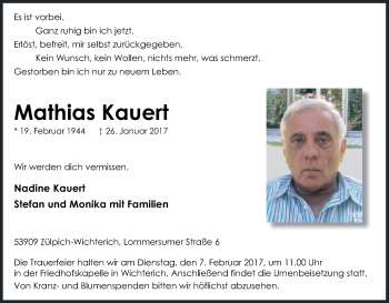 Anzeige von Mathias Kauert von Kölner Stadt-Anzeiger / Kölnische Rundschau / Express
