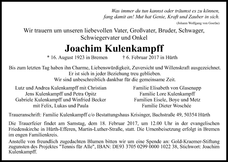  Traueranzeige für Joachim Kulenkampff vom 11.02.2017 aus Kölner Stadt-Anzeiger / Kölnische Rundschau / Express