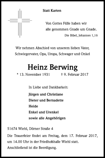Anzeige von Heinz Berwing von Kölner Stadt-Anzeiger / Kölnische Rundschau / Express