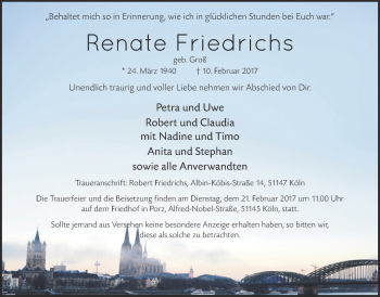 Anzeige von Renate Friedrichs von  Kölner Wochenspiegel 