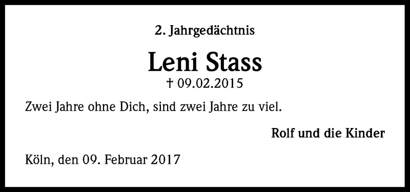 Traueranzeige für Leni Stass vom 09.02.2017 aus Kölner Stadt-Anzeiger / Kölnische Rundschau / Express