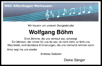 Anzeige von Wolfgang Böhm von Kölner Stadt-Anzeiger / Kölnische Rundschau / Express
