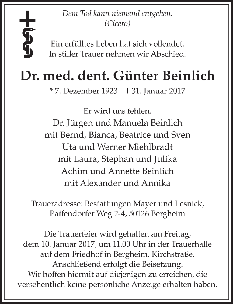  Traueranzeige für Günter Beinlich vom 04.02.2017 aus  Sonntags-Post 