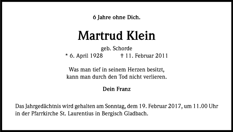  Traueranzeige für Martrud Klein vom 11.02.2017 aus Kölner Stadt-Anzeiger / Kölnische Rundschau / Express