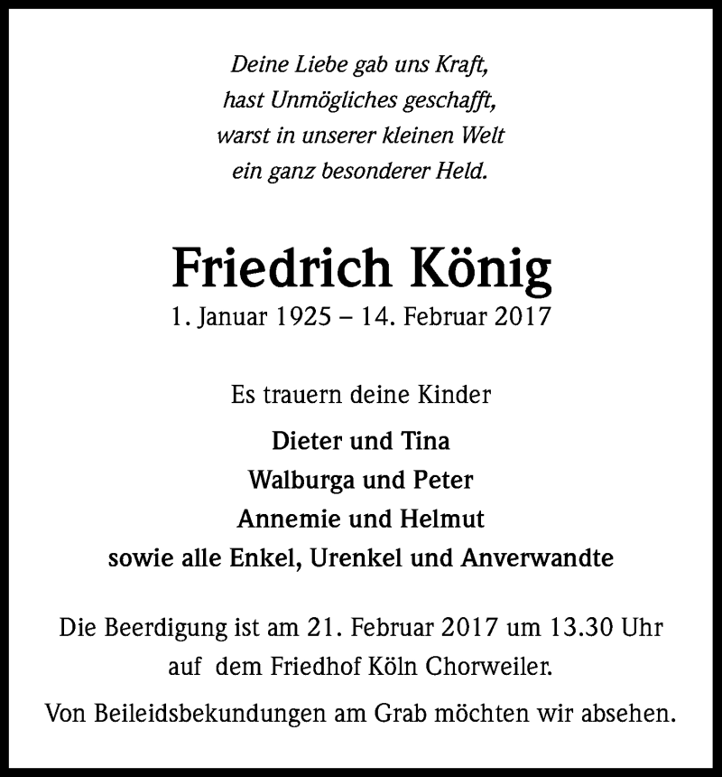  Traueranzeige für Friedrich König vom 18.02.2017 aus Kölner Stadt-Anzeiger / Kölnische Rundschau / Express