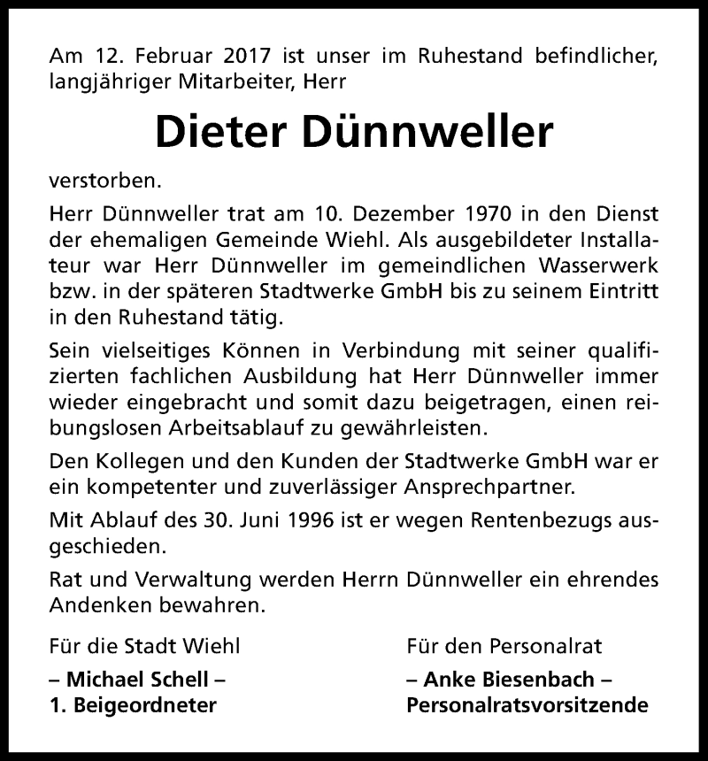  Traueranzeige für Dieter Dünnweller vom 17.02.2017 aus Kölner Stadt-Anzeiger / Kölnische Rundschau / Express