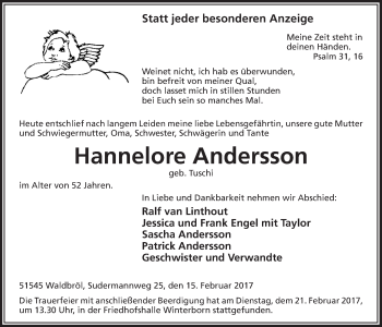 Anzeige von Hannelore Andersson von  Lokalanzeiger 