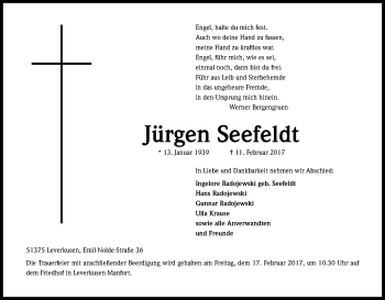 Anzeige von Jürgen Seefeldt von Kölner Stadt-Anzeiger / Kölnische Rundschau / Express