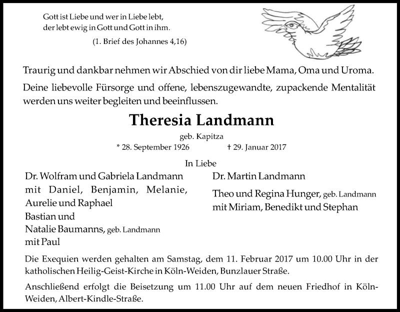  Traueranzeige für Theresia Landmann vom 04.02.2017 aus Kölner Stadt-Anzeiger / Kölnische Rundschau / Express