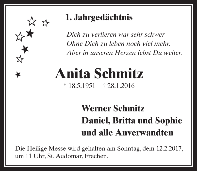  Traueranzeige für Anita Schmitz vom 08.02.2017 aus  Wochenende 