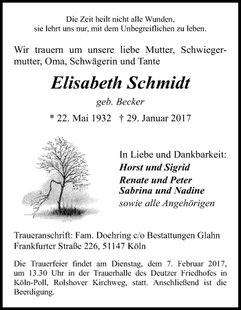 Anzeige von Elisabeth Schmidt von Kölner Stadt-Anzeiger / Kölnische Rundschau / Express