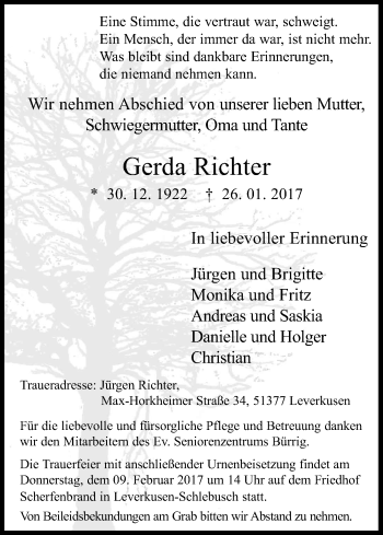 Anzeige von Gerda Richter von Kölner Stadt-Anzeiger / Kölnische Rundschau / Express