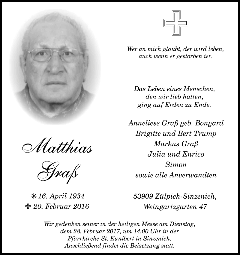  Traueranzeige für Matthias Graß vom 22.02.2017 aus Kölner Stadt-Anzeiger / Kölnische Rundschau / Express