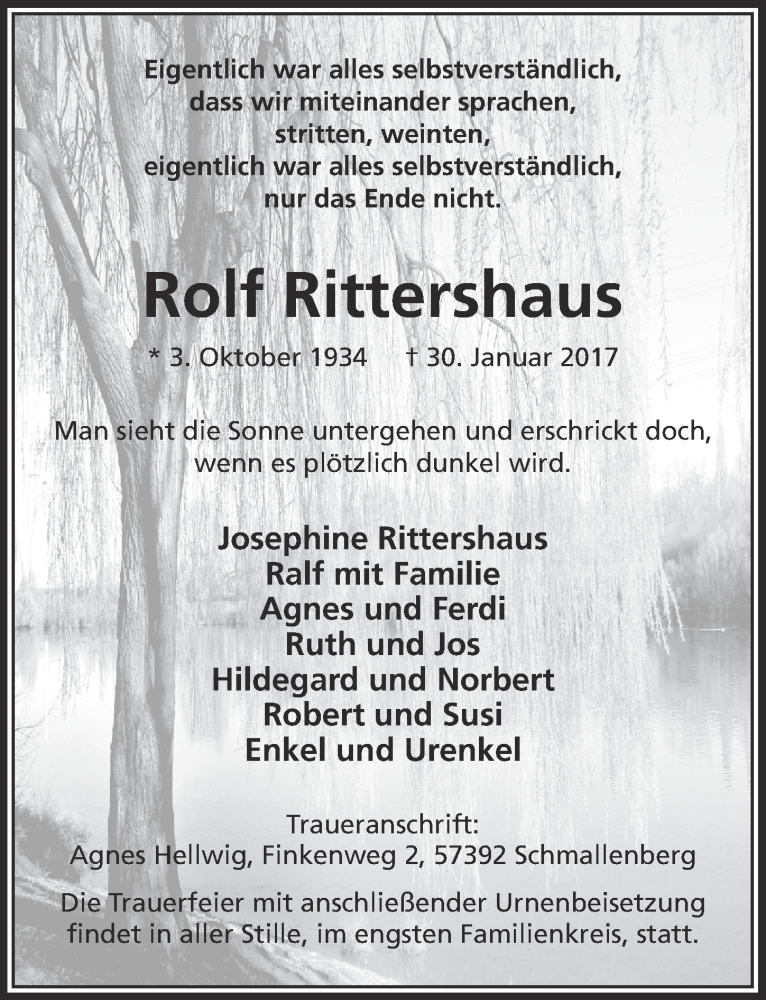  Traueranzeige für Rolf Rittershaus vom 08.02.2017 aus  Bergisches Handelsblatt 