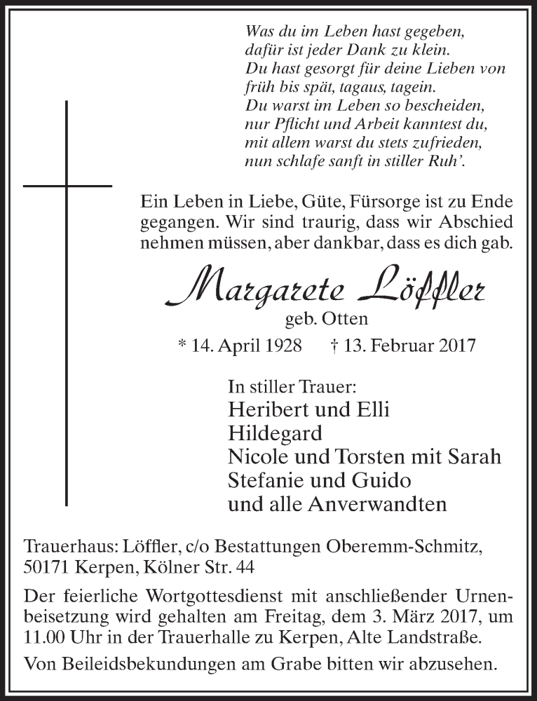  Traueranzeige für Margarete Löffler vom 25.02.2017 aus  Sonntags-Post 
