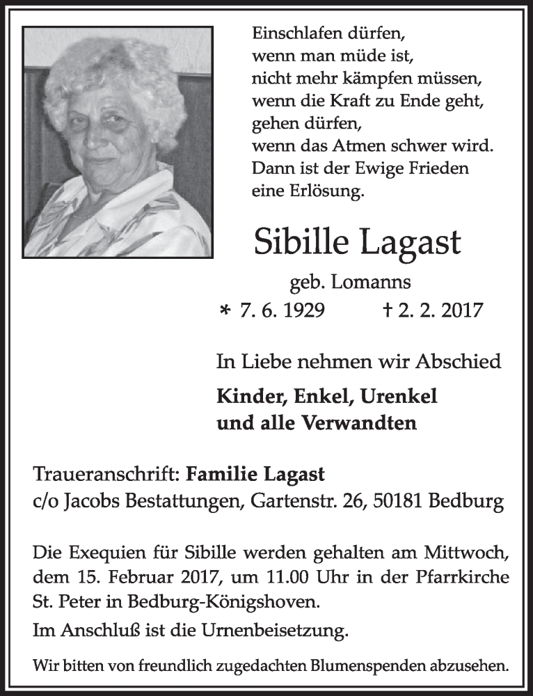  Traueranzeige für Sibille Lagast vom 11.02.2017 aus  Sonntags-Post 