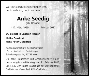 Anzeige von Anke Seedig von Kölner Stadt-Anzeiger / Kölnische Rundschau / Express