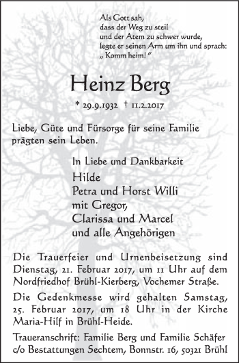 Anzeige von Heinz  Berg von  Schlossbote/Werbekurier 